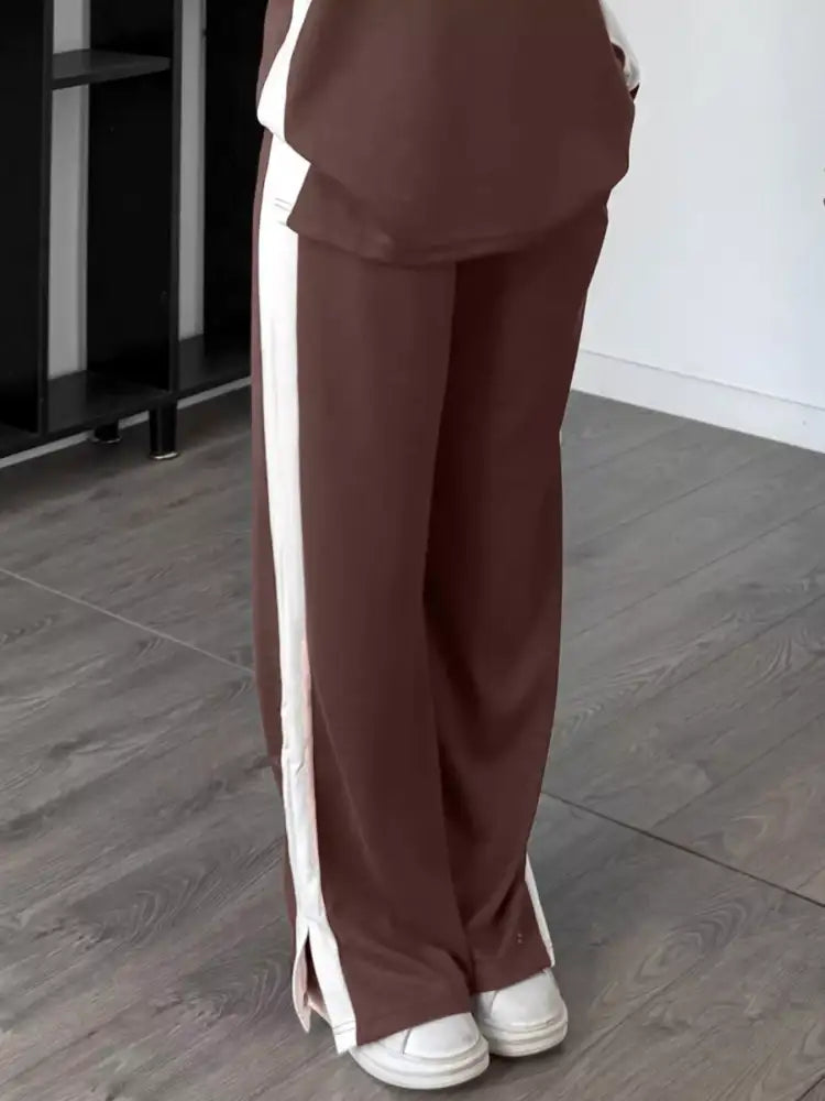 Full Size Contrast Round Neck Top and Pants Set Plus