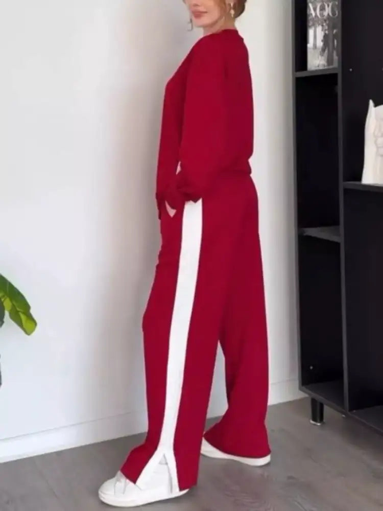 Full Size Contrast Round Neck Top and Pants Set Plus