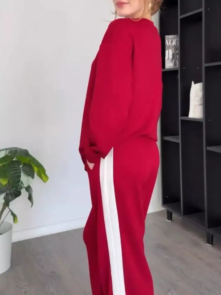 Full Size Contrast Round Neck Top and Pants Set Plus