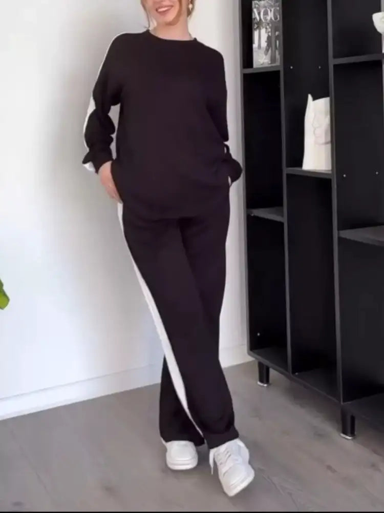 Full Size Contrast Round Neck Top and Pants Set Plus