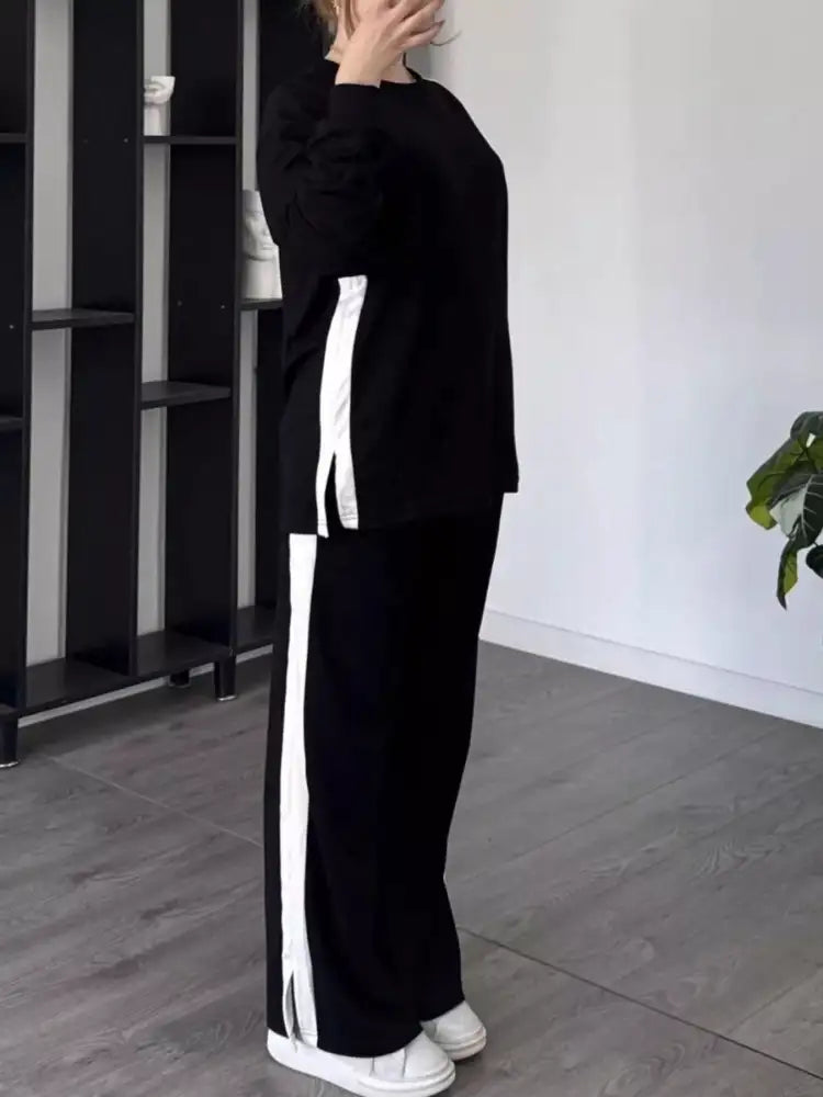 Full Size Contrast Round Neck Top and Pants Set Plus