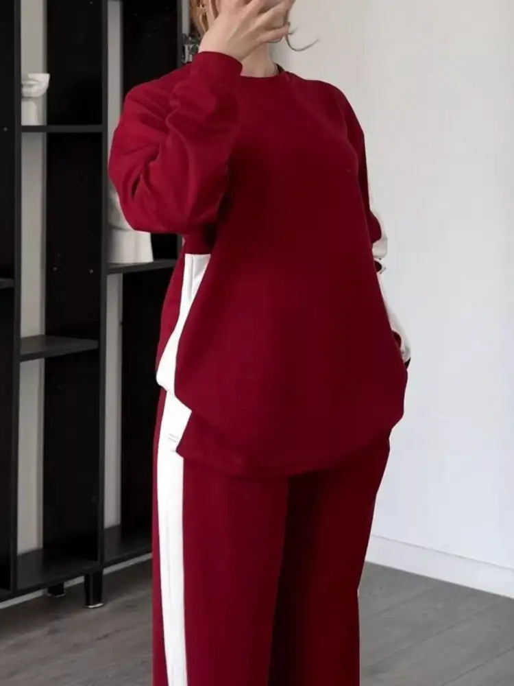 Full Size Contrast Round Neck Top and Pants Set Plus