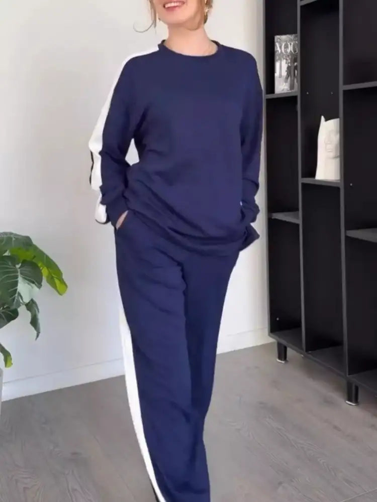 Full Size Contrast Round Neck Top and Pants Set Plus