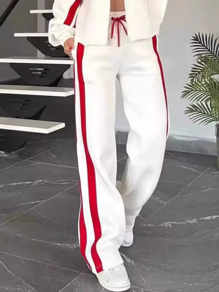 Full Size Contrast Stripe Zip Up Jacket and Pants Set Plus