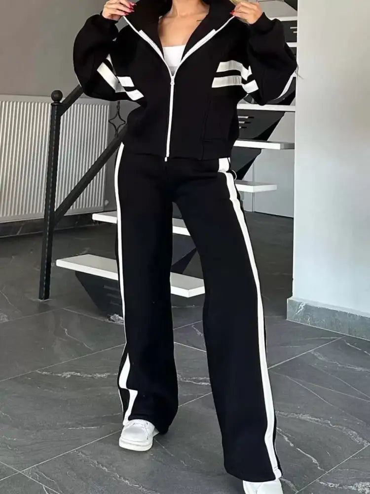 Full Size Contrast Stripe Zip Up Jacket and Pants Set Plus