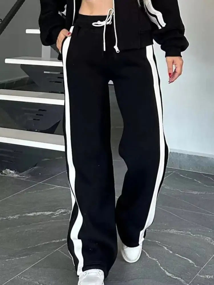 Full Size Contrast Stripe Zip Up Jacket and Pants Set Plus