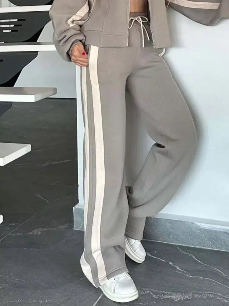 Full Size Contrast Stripe Zip Up Jacket and Pants Set Plus