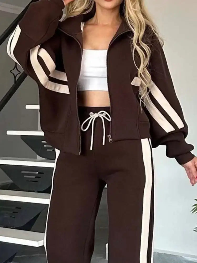 Full Size Contrast Stripe Zip Up Jacket and Pants Set Plus