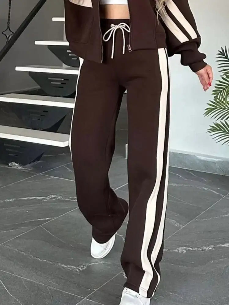 Full Size Contrast Stripe Zip Up Jacket and Pants Set Plus