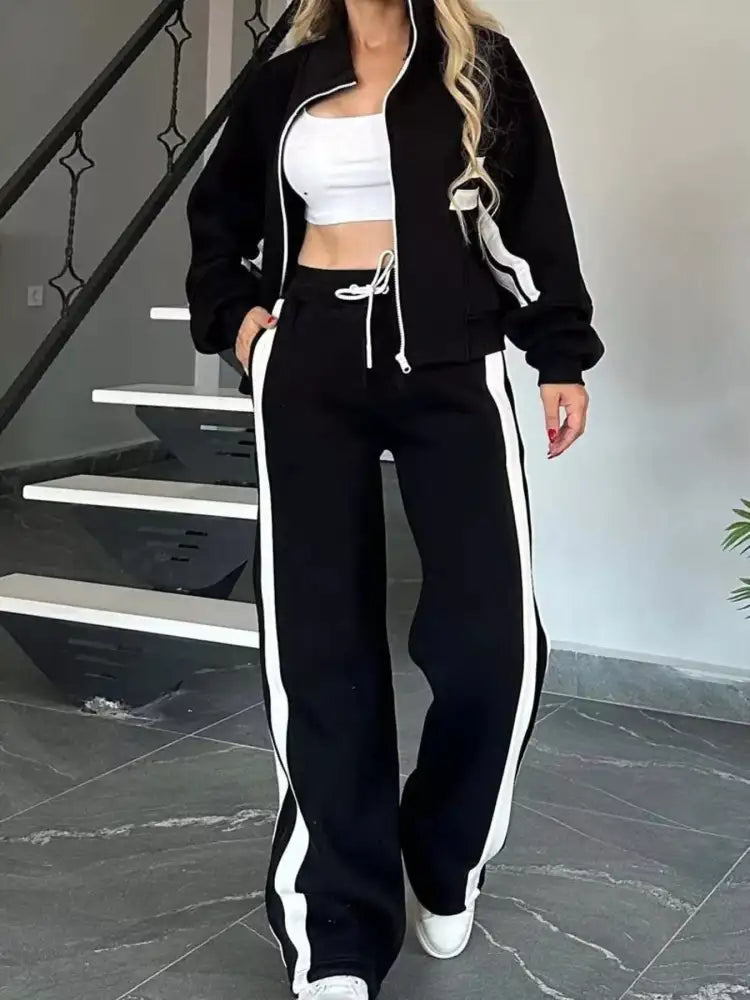 Full Size Contrast Stripe Zip Up Jacket and Pants Set Plus