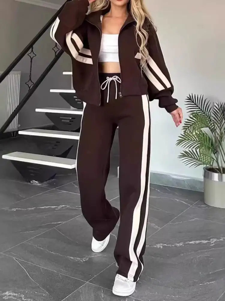 Full Size Contrast Stripe Zip Up Jacket and Pants Set Plus