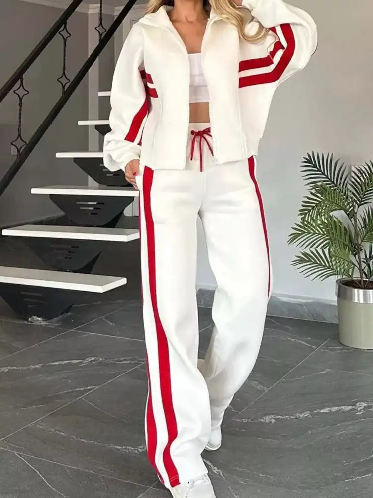 Full Size Contrast Stripe Zip Up Jacket and Pants Set Plus