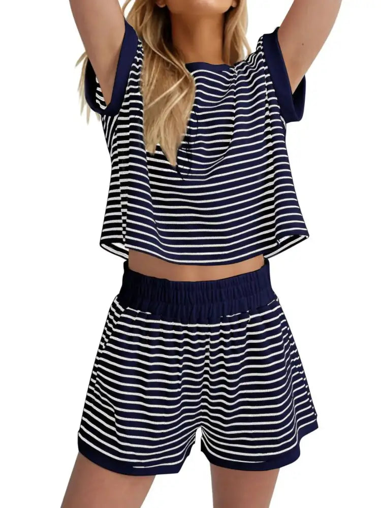 Full Size Contrast Striped T-Shirt and Shorts Set Plus