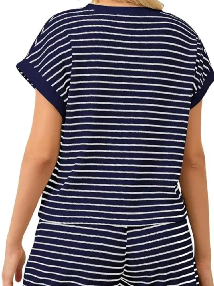 Full Size Contrast Striped T-Shirt and Shorts Set Plus