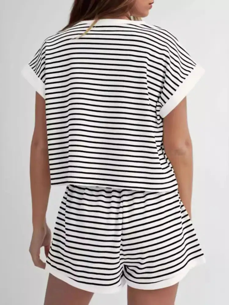 Full Size Contrast Striped T-Shirt and Shorts Set Plus