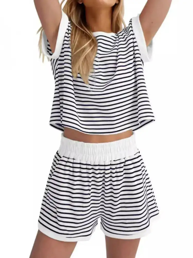Full Size Contrast Striped T-Shirt and Shorts Set Plus