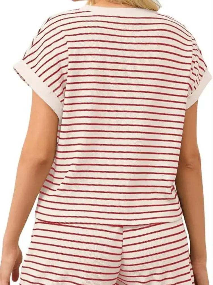 Full Size Contrast Striped T-Shirt and Shorts Set Plus