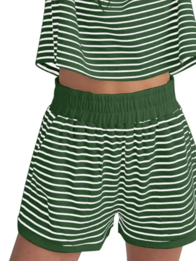Full Size Contrast Striped T-Shirt and Shorts Set Plus