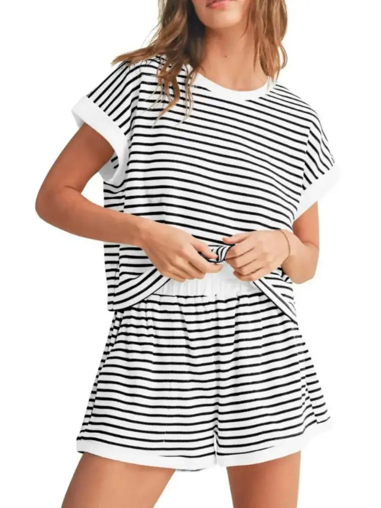 Full Size Contrast Striped T-Shirt and Shorts Set Plus