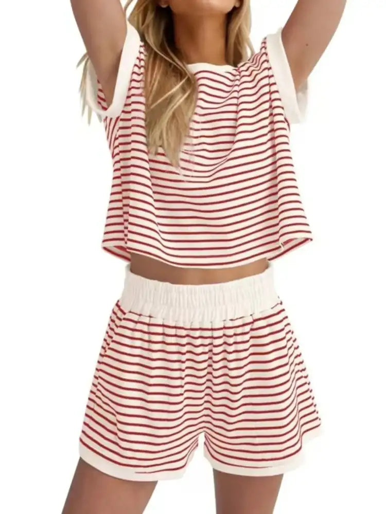 Full Size Contrast Striped T-Shirt and Shorts Set Plus