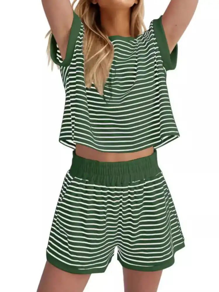 Full Size Contrast Striped T-Shirt and Shorts Set Plus