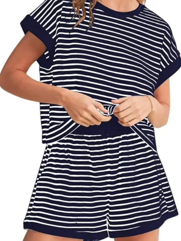 Full Size Contrast Striped T-Shirt and Shorts Set Plus