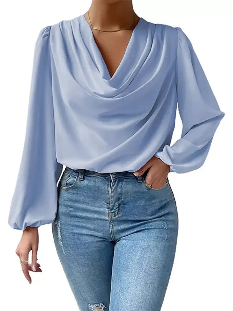 Full Size Cowl Neck Balloon Sleeve Blouse Plus