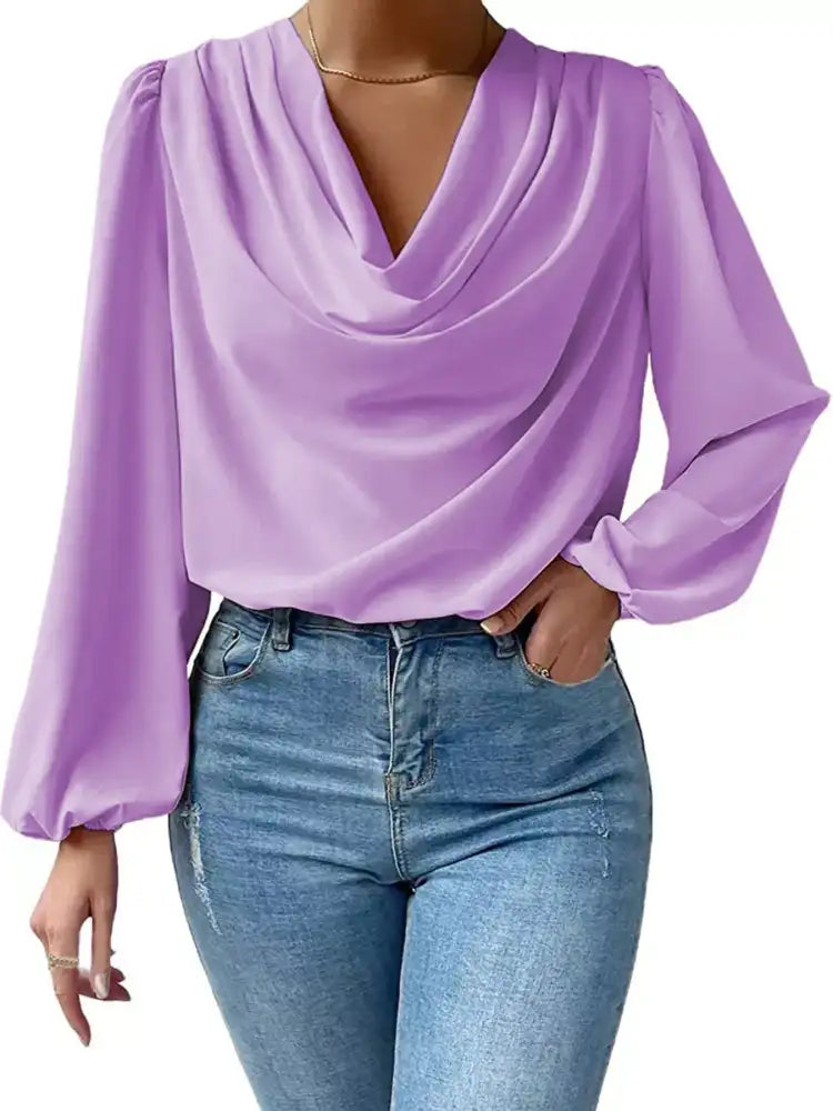 Full Size Cowl Neck Balloon Sleeve Blouse Plus