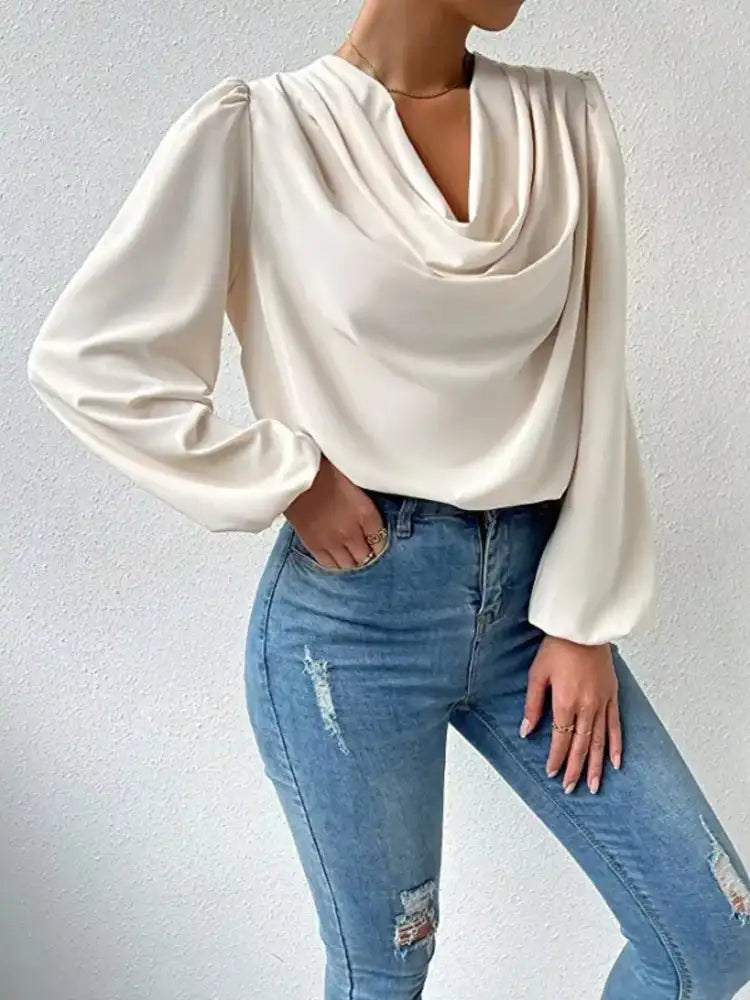 Full Size Cowl Neck Balloon Sleeve Blouse Plus