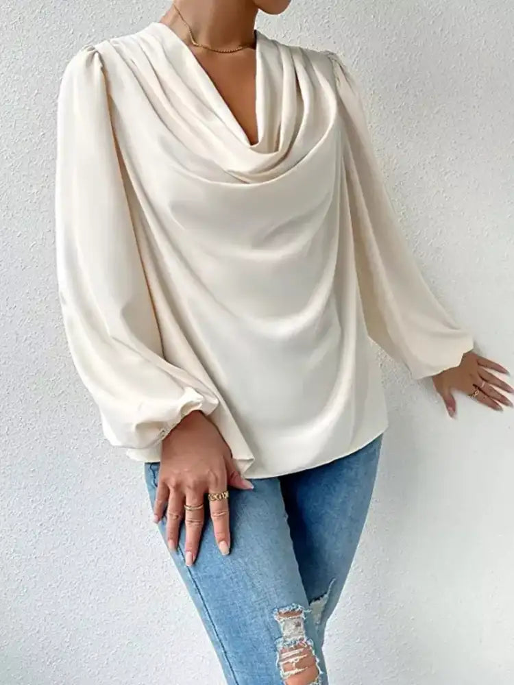 Full Size Cowl Neck Balloon Sleeve Blouse Plus