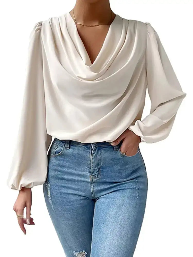 Full Size Cowl Neck Balloon Sleeve Blouse Plus