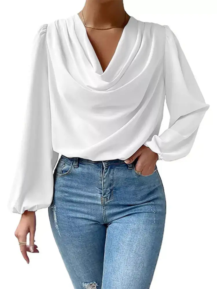 Full Size Cowl Neck Balloon Sleeve Blouse Plus