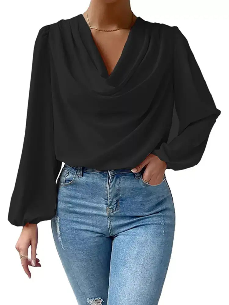 Full Size Cowl Neck Balloon Sleeve Blouse Plus