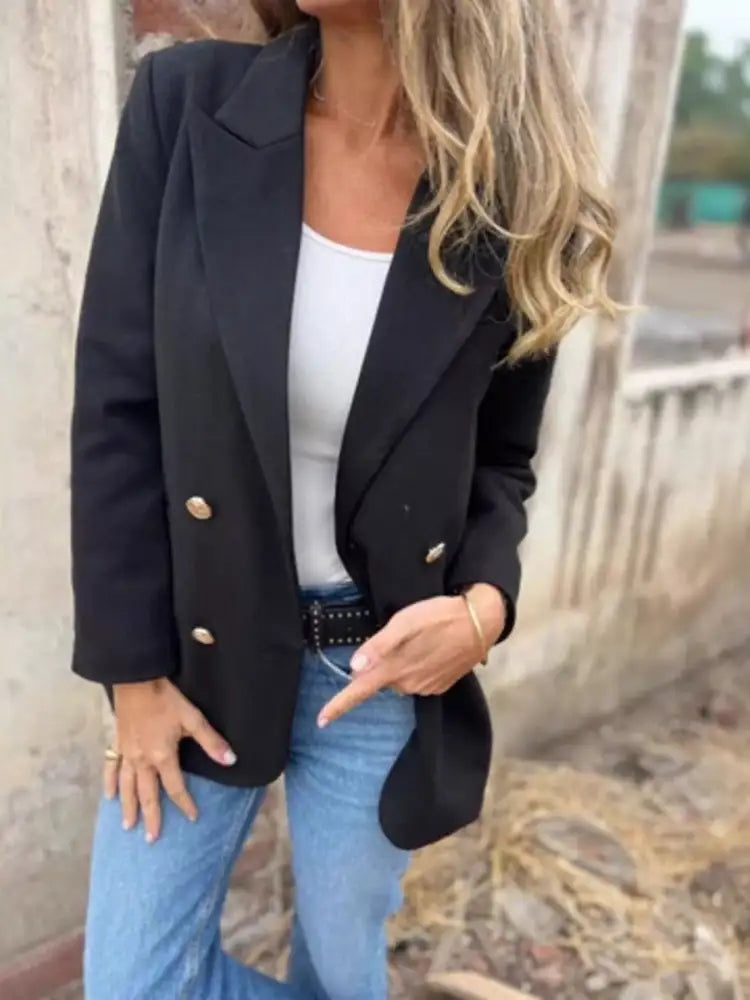 Full Size Double Breasted Long Sleeve Blazer Plus Size