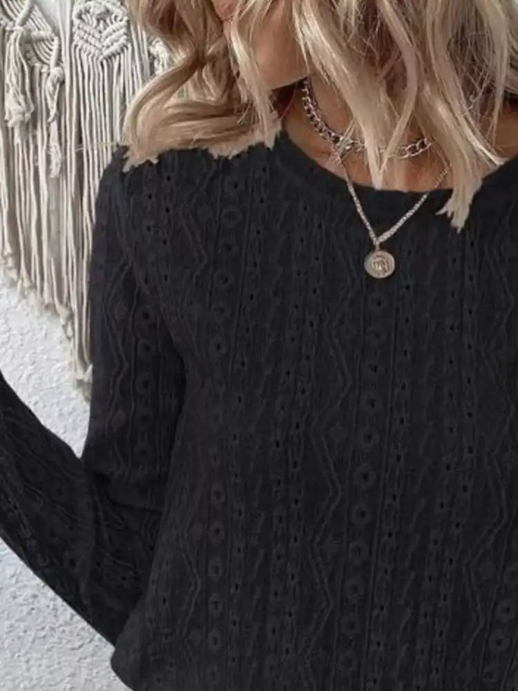 Full Size Eyelet Round Neck Long Sleeve Blouse Plus