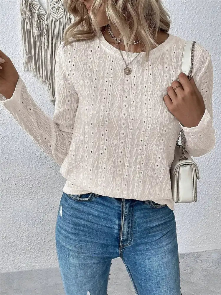 Full Size Eyelet Round Neck Long Sleeve Blouse Plus