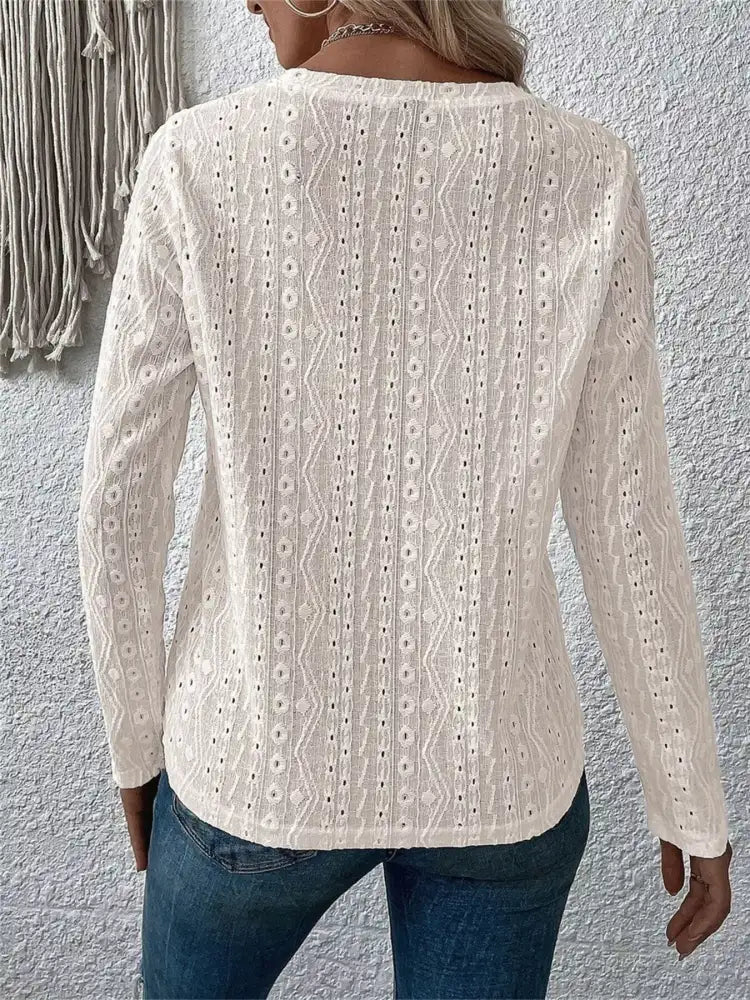 Full Size Eyelet Round Neck Long Sleeve Blouse Plus