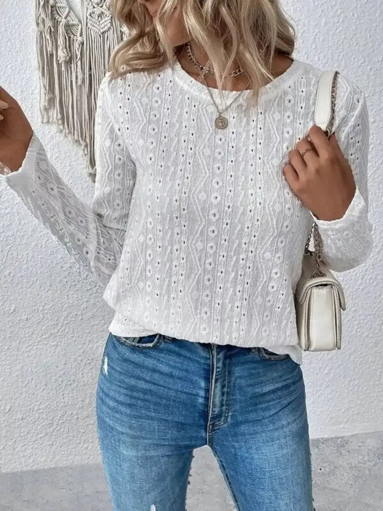 Full Size Eyelet Round Neck Long Sleeve Blouse Plus