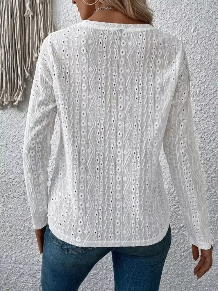 Full Size Eyelet Round Neck Long Sleeve Blouse Plus