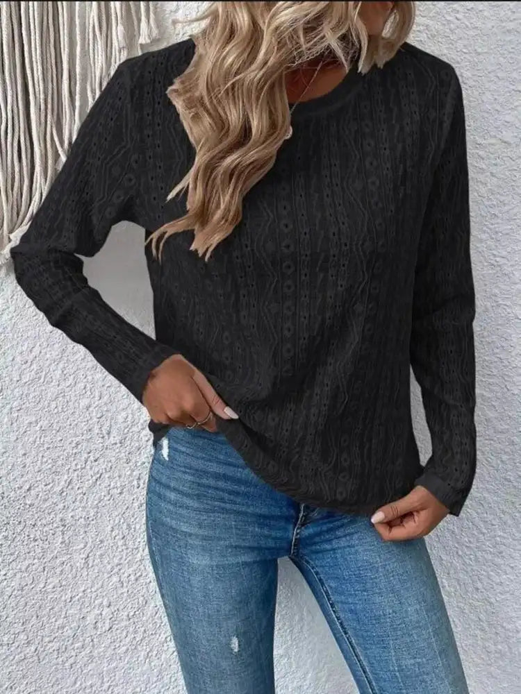 Full Size Eyelet Round Neck Long Sleeve Blouse Plus