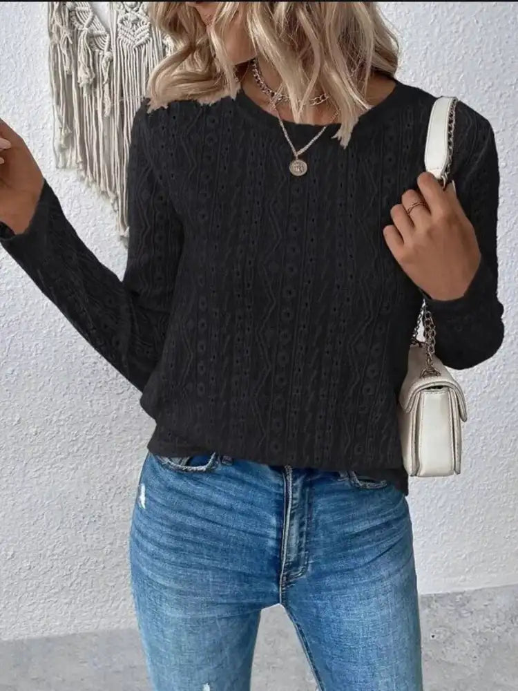 Full Size Eyelet Round Neck Long Sleeve Blouse Plus