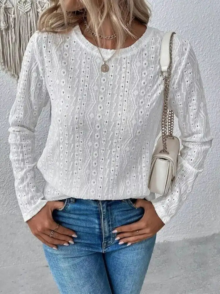 Full Size Eyelet Round Neck Long Sleeve Blouse Plus