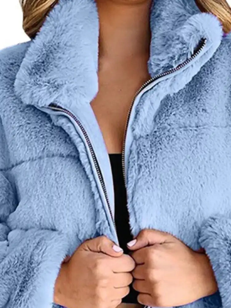 Full Size Faux Fur Cropped Zip-Up Jacket Plus Size
