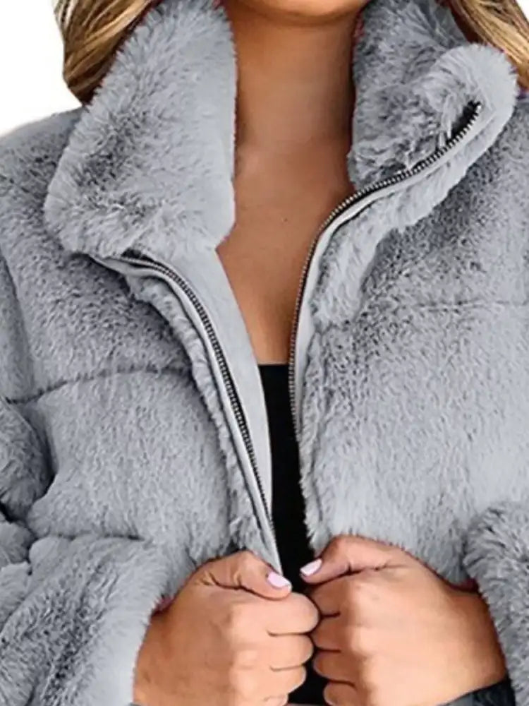 Full Size Faux Fur Cropped Zip-Up Jacket Plus Size