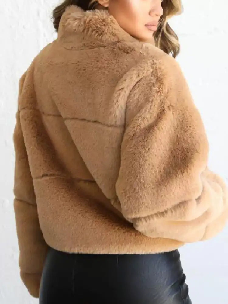 Full Size Faux Fur Cropped Zip-Up Jacket Plus Size