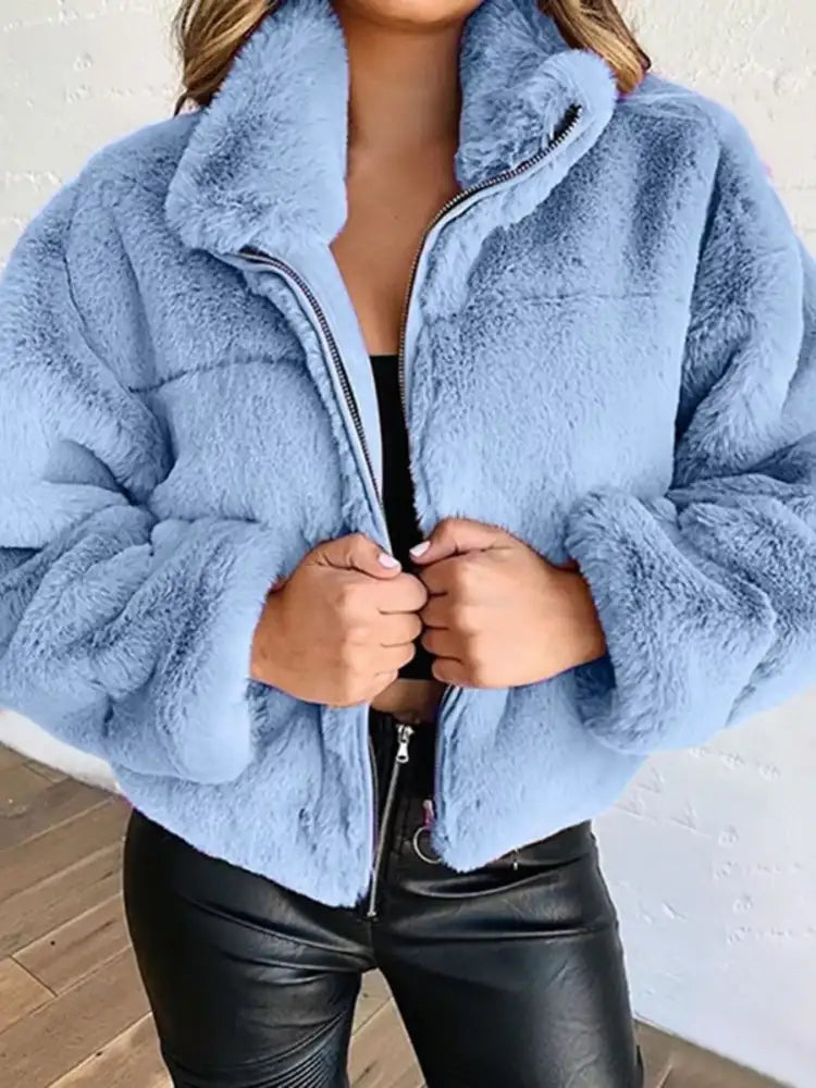 Full Size Faux Fur Cropped Zip-Up Jacket Plus Size