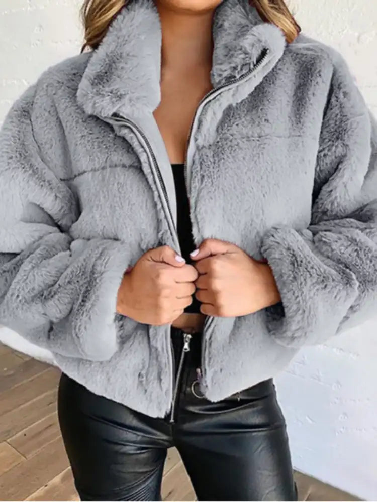 Full Size Faux Fur Cropped Zip-Up Jacket Plus Size