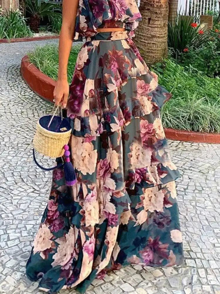 Full Size Floral Cami and Layered Skirt Set Plus