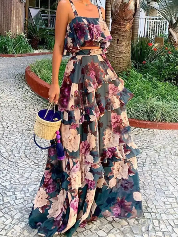 Full Size Floral Cami and Layered Skirt Set Plus