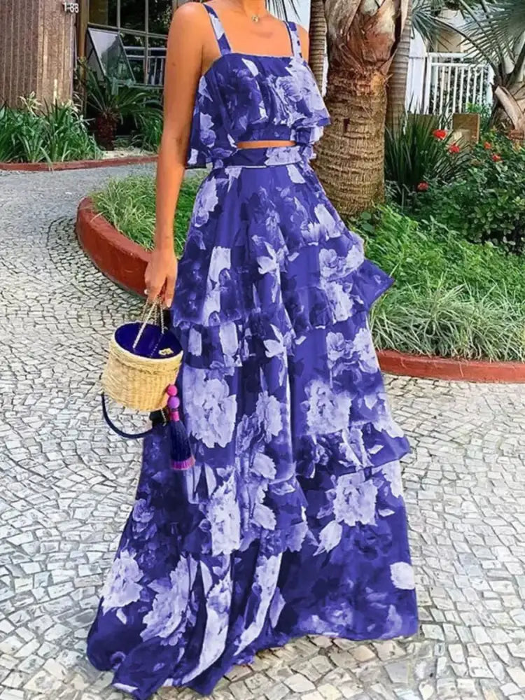 Full Size Floral Cami and Layered Skirt Set Plus